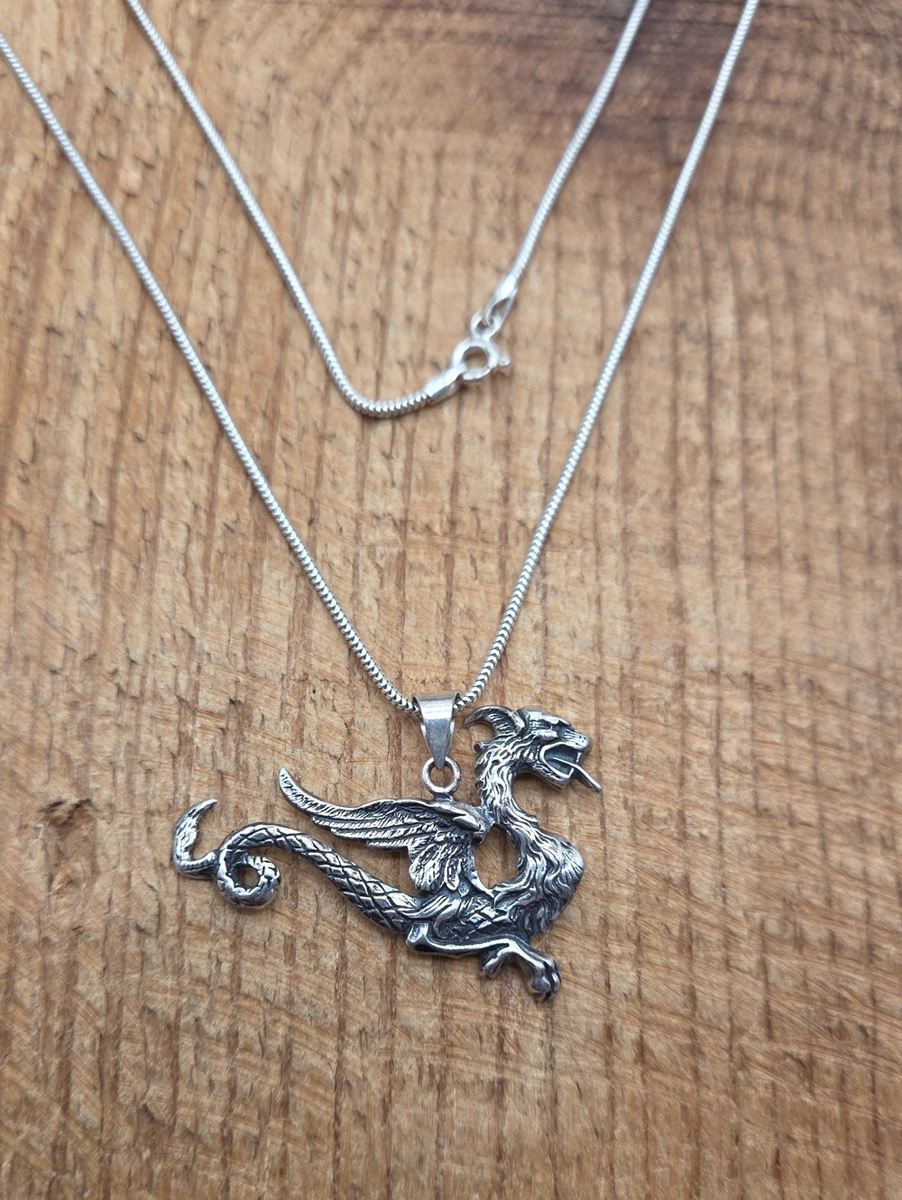Sterling Silver Antiqued Dragon Pendant Necklace